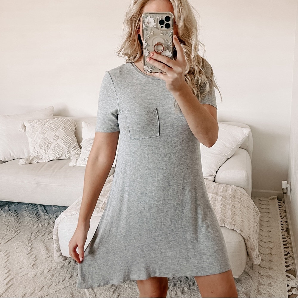 Zenana Premium  T-shirt dress casual soft small heather grey pocket